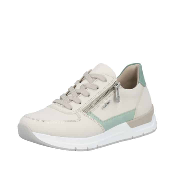 Rieker sneakers til dame i beige med grønne detaljer og udtagelig sål samt snørebånd og funktionel lynlås