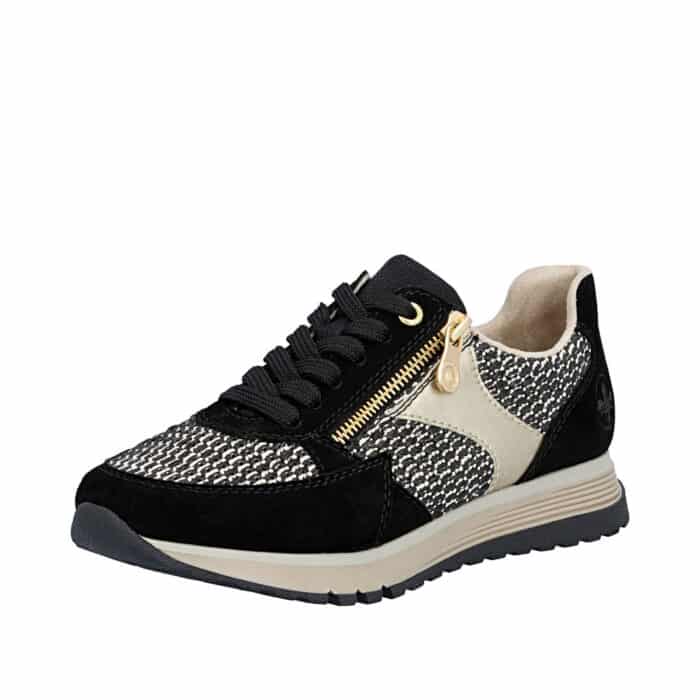 Rieker sneakers til dame i sort med fede detaljer og lynlås samt udtagelig indersål med ekstra bredde H