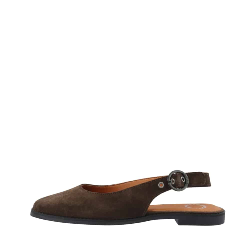 Cashott Casdiana Sling Back ballerinasko til dame i mørkebrunt ruskind med justerbar sling back hælrem og gummisål