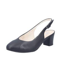 Rieker pumps til dame i sort skind med justerbar sling back hælrem med spænde og blokhæl på 6 cm.
