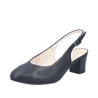 Rieker pumps til dame i sort skind med justerbar sling back hælrem med spænde og blokhæl på 6 cm.
