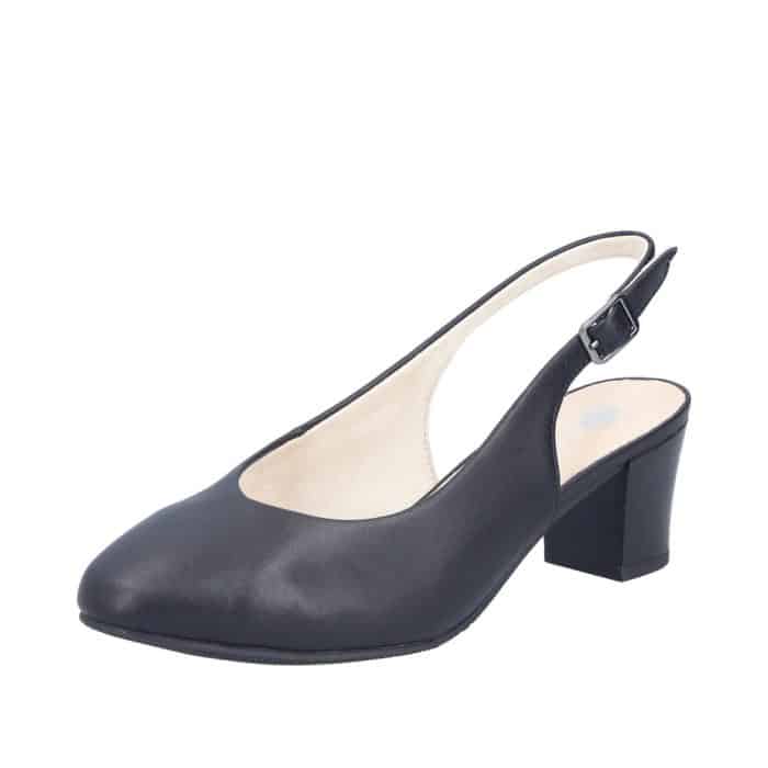 Rieker pumps til dame i sort skind med justerbar sling back hælrem med spænde og blokhæl på 6 cm.