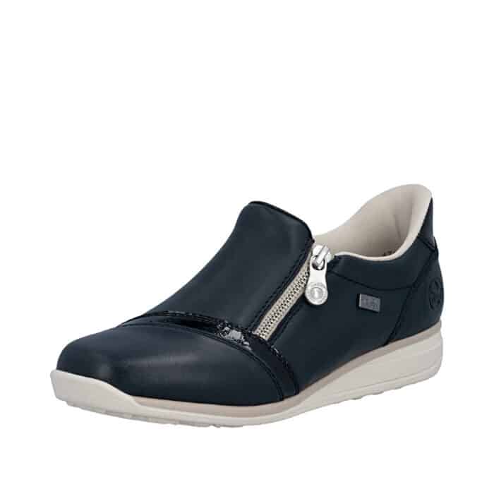 Rieker Ready 2 Go sko til dame i mørkeblå skind med Rieker-Tex og udtagelig indersål med ekstra bredde H