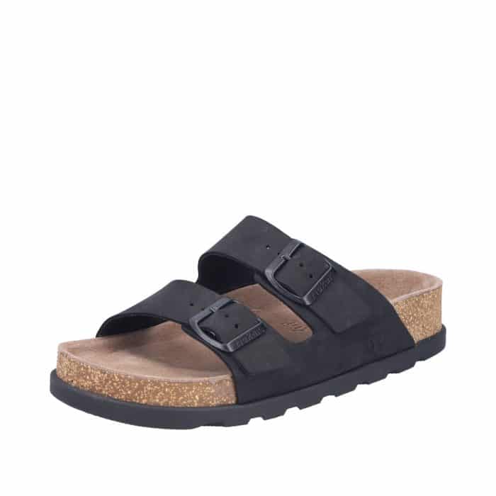 Rieker sandal til dame i sort skind med to justerbare spænder og blød sål