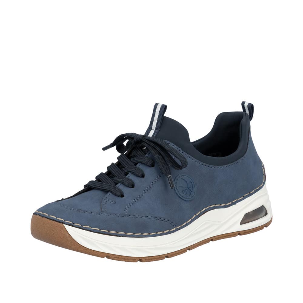 Rieker sneakers til dame i blå med snørebånd og skindsål samt Rieker-Air sål med stødabsorbering