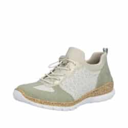 Rieker sneakers til dame i hvid kombination med grønne detaljer og justerbar elastik samt Memosoft indersål