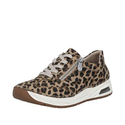 Rieker sneakers til dame i leopard med skindsål samt snørebånd og funktionel lynlås