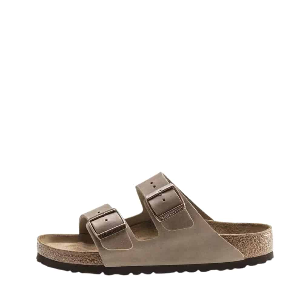 Birkenstock Arizona Narrow sandal til dame i beige med læderoverdel og to justerbare spænder samt ruskindssål