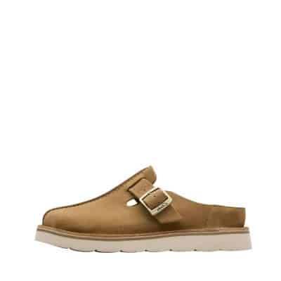 Clarks Solbury Mule sko til dame i beige med ruskindsoverdel samt skindsål og justerbar spænde