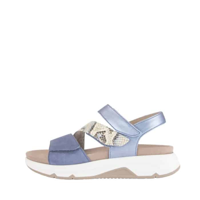 Gabor Rollingsoft sandal til dame i blå med skindoverdel og udtagelig sål samt øget svangstøtte og 3 justerbare velcroremme