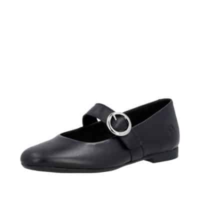 Remonte ballerinasko til dame i sort med skindoverdel samt velcrolukning og flot spænde detaljer
