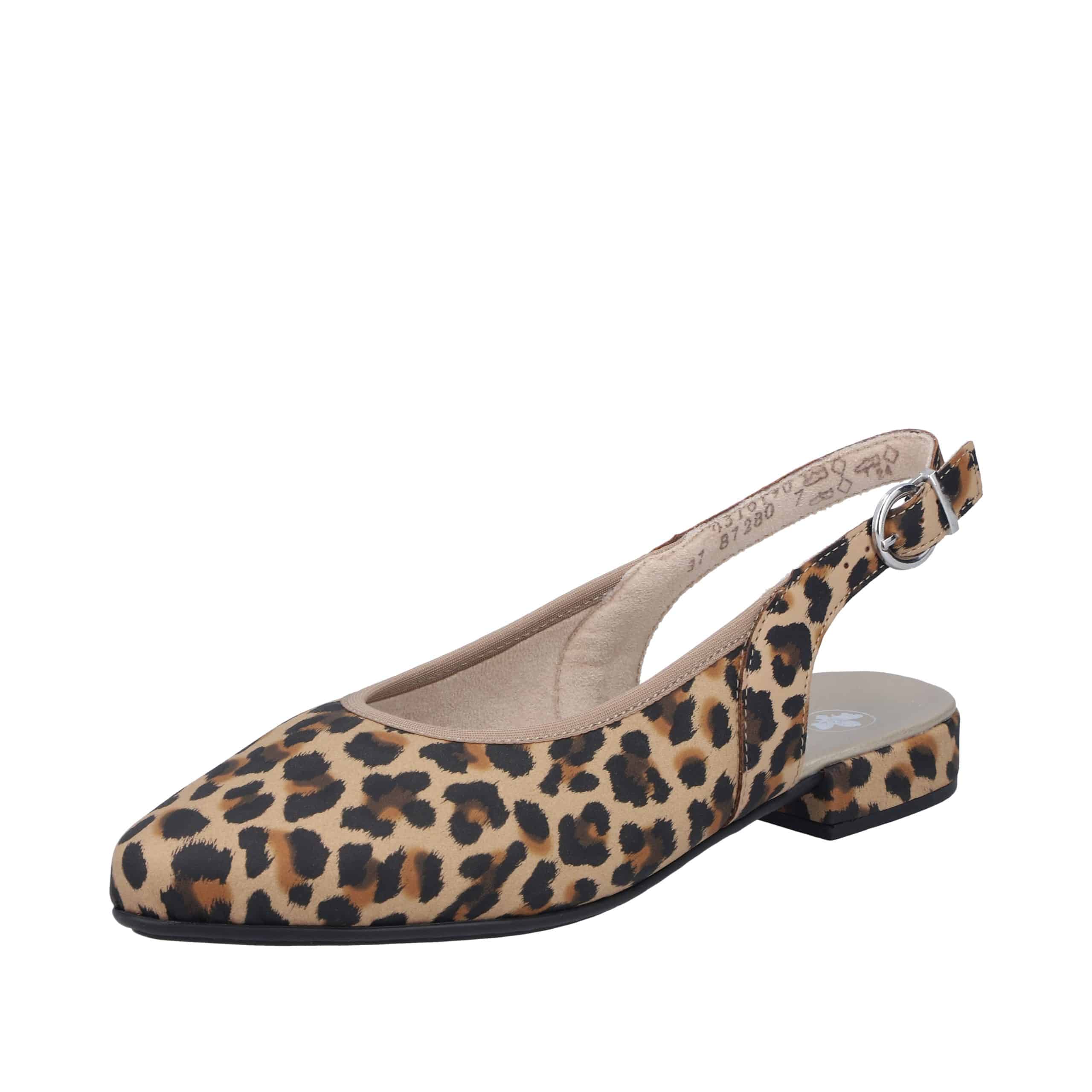 Rieker ballerinasko til dame i leopard med åbne hæl og justerbar spænde