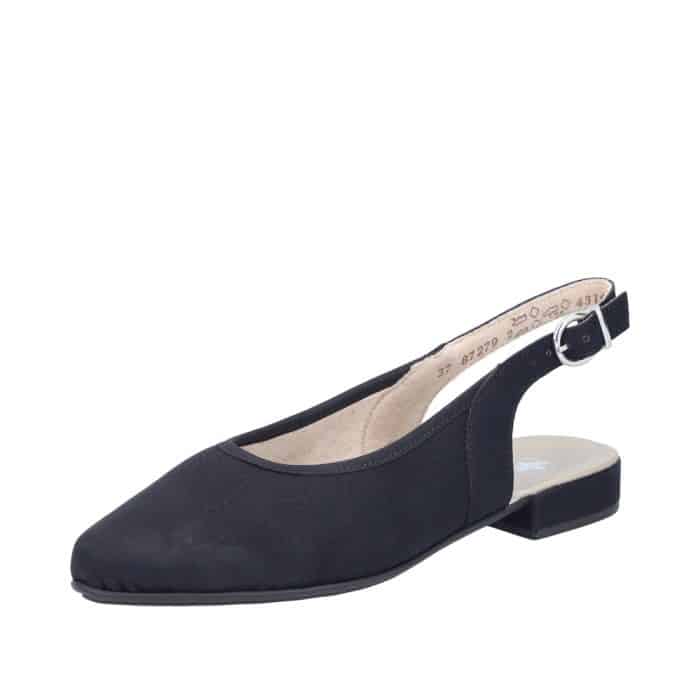 Rieker ballerinasko til dame i sort med åbne hæl og justerbar spænde