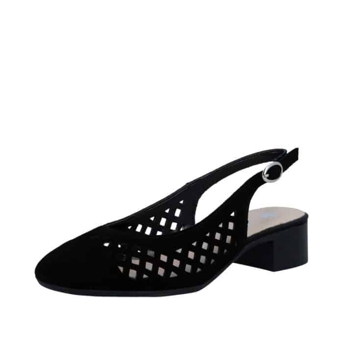 Rieker ballerinasko til dame i sort med åbne hæl og justerbar spænde, samt huller i overdel