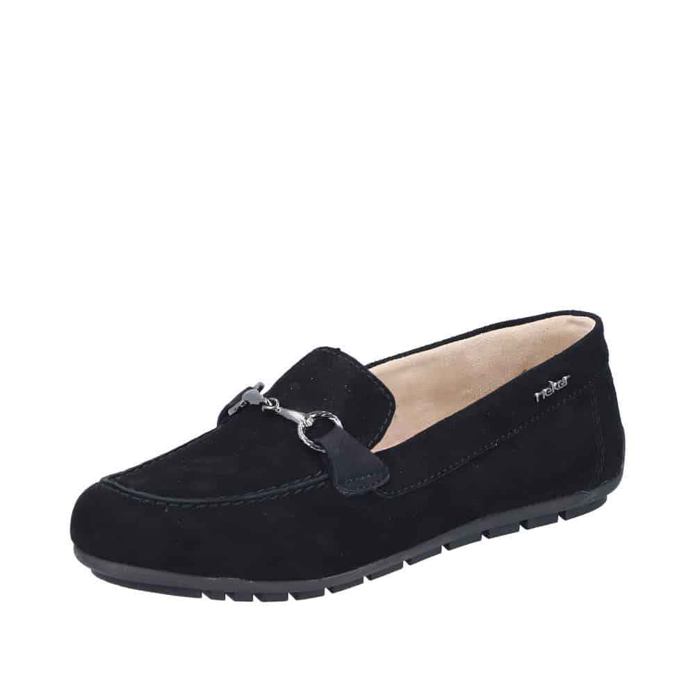 Rieker loafers til dame i sort med sølvspænde og skind