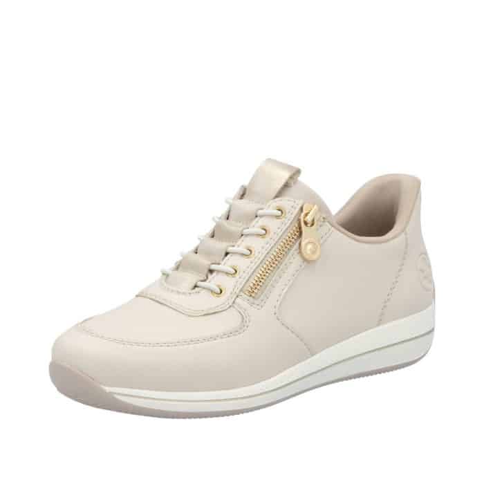 Rieker Ready 2 Go sneakers til dame i beige med skindoverdel og fast hælkappe samt udtagelig sål og ekstra bredde H