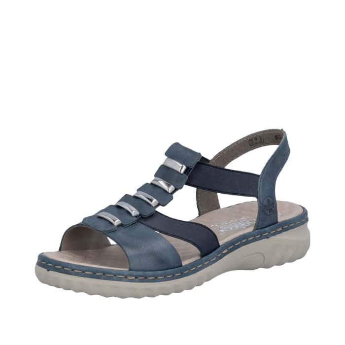 Rieker sandal til dame i blå med elastik og noprede sål