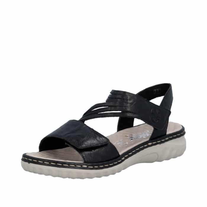 Rieker sandal til dame i sort med velcrorem samt noprede sål
