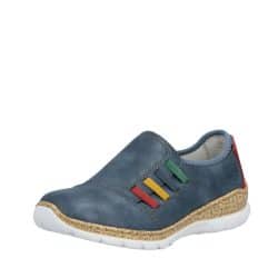Rieker sko til dame i blå med farverige detaljer og elastik samt Memosoft sål og stødabsorbering