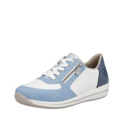 Rieker sneakers til dame i blå med skindoverdel og blød udtagelig skindsål samt ekstra bredde H og funktionel lynlås