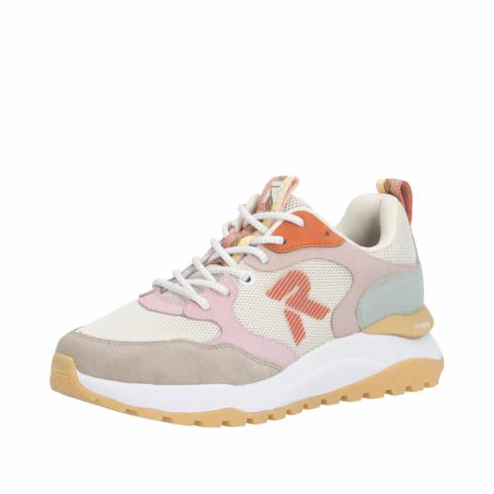 Rieker sneakers til dame i farvekombination af hvid. beige og lyserød med udtagelig sål