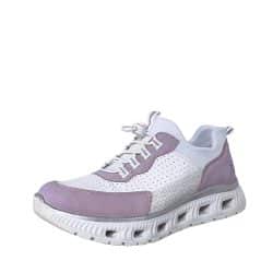 Rieker sneakers til dame i hvid og lilla med justerbar elastik og Memosoft sål