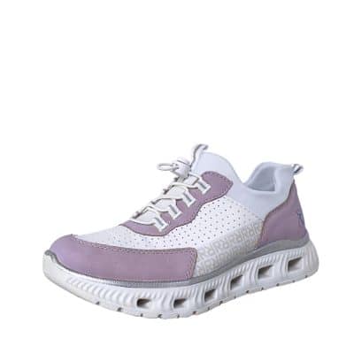 Rieker sneakers til dame i hvid og lilla med justerbar elastik og Memosoft sål