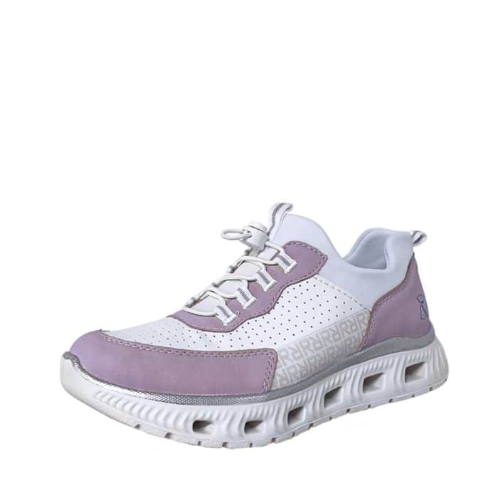 Rieker sneakers til dame i hvid og lilla med justerbar elastik og Memosoft sål