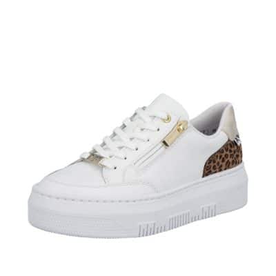 Rieker sneakers til dame i hvid med snørebånd og guld lynlås samt plateausål på 4 cm. og leopard design bag på