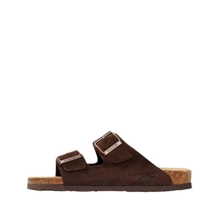 Rohde Sunnys N°32 sandal i brun til herre med ruskindsoverdel samt to gyldne justerbare spænder