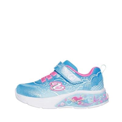 Skechers S-Lights Tri-Namics 2.0 til børn i blå kombi med elastik snørebånd og velcro, samt lys og havfrue i sål