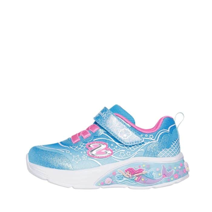 Skechers S-Lights Tri-Namics 2.0 til børn i blå kombi med elastik snørebånd og velcro, samt lys og havfrue i sål