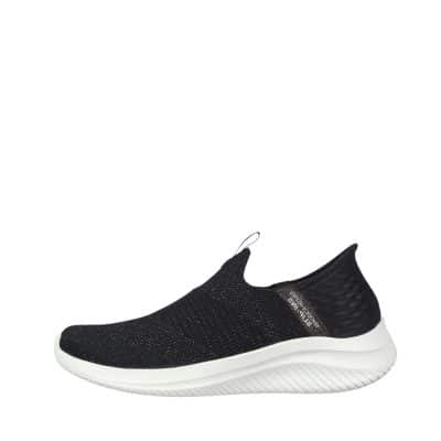 Skechers Slip-in Ultra Flex 3.0 Glitter Me sko til dame i sort med stretch fit materiale og fast hælkappe samt polstret hælpude og maskinvaskbar maks. 30 grader