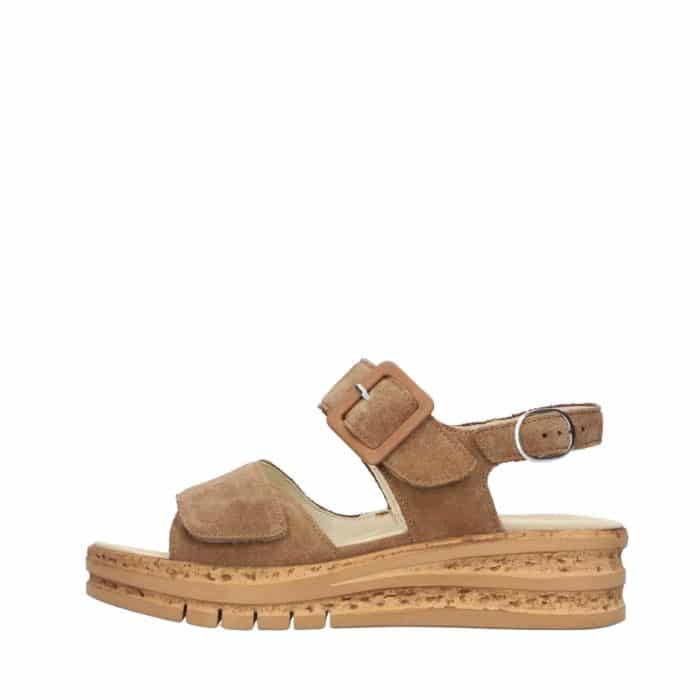 Waldläufer sandal til dame i brunt ruskind med en kilehæl på 4,5 cm og udtagelig sål samt velcro og ekstra bredde K