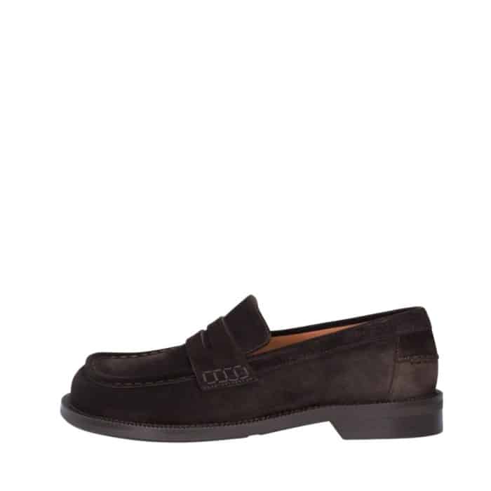 Billi Bi loafers til dame i mørkebrunt ruskind med fin detalje og rund snude samt gummisål