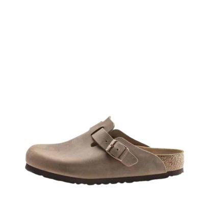 Birkenstock Boston slippers til herre i beige med skindoverdel samt justerbar spænde