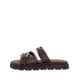 Duffy Gallarte Tre sandal til dame i brunt mønster med justerbare gyldne spænder og en blød sål