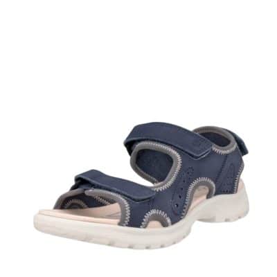 Ecco Onroads sandal til dame i blå med overdel i nubucklæder og tre velcroremme samt Fluidform indersål