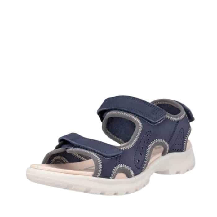 Ecco Onroads sandal til dame i blå med overdel i nubucklæder og tre velcroremme samt Fluidform indersål
