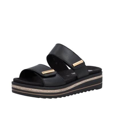 Remonte sandal til dame i sort med skindoverdel og udtagelig sål samt justerbare velcroremme