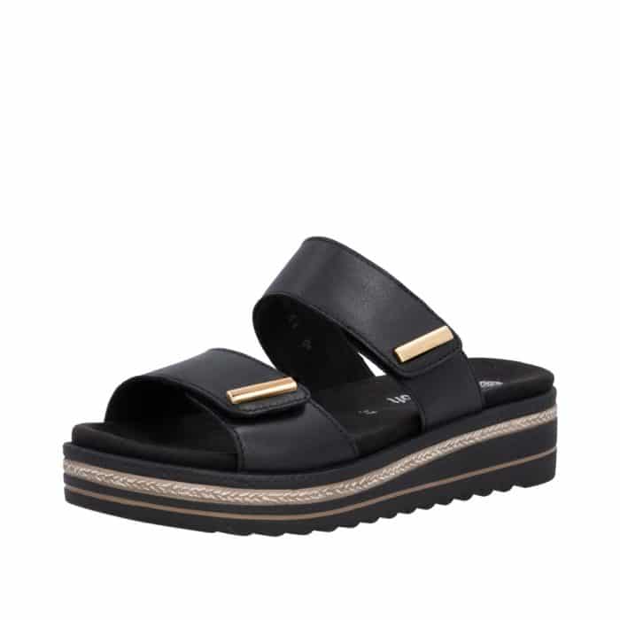 Remonte sandal til dame i sort med skindoverdel og udtagelig sål samt justerbare velcroremme