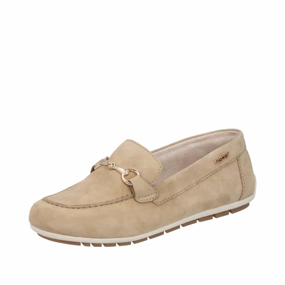 Rieker loafers til dame i beige med dekorativ guldspænde og skind