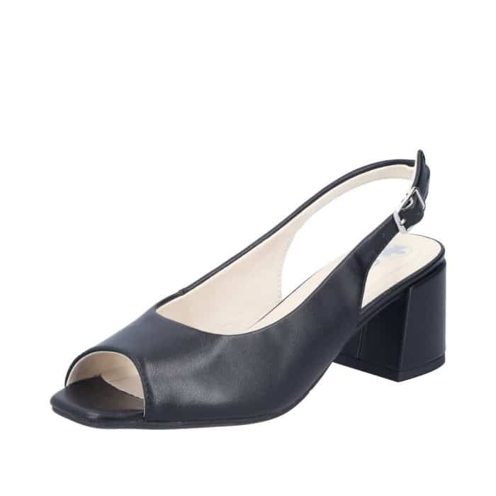 Rieker pumps til dame i sort med justerbar sling back hælrem med spænde og blokhæl på 6 cm.
