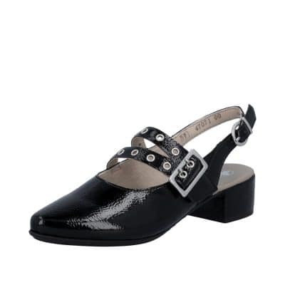 Rieker pumps til dame i sort med lakoverdel og spænde detalje samt blokhæl på 3,5 cm