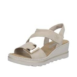 Rieker sandal til dame i beige med 2 justerbare velcroremme og flot guld spænde foran samt kilehæl på 5,5 cm