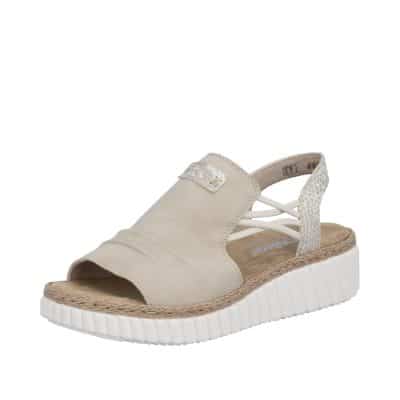 Rieker sandal til dame i beige med rem og en kort kilehæl på 4 cm samt Antistress