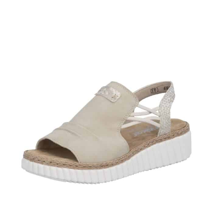 Rieker sandal til dame i beige med rem og en kort kilehæl på 4 cm samt Antistress