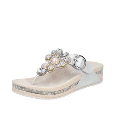 Rieker sandal til dame i hvid, beige og sølv med tå-rem og stødabsorberende sål med stort mønster