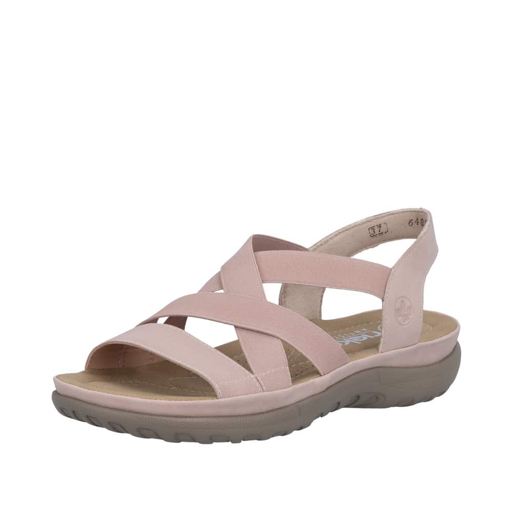 Rieker sandal til dame i lyserød med elastik og stødabsorberende sål samt elegante detaljer