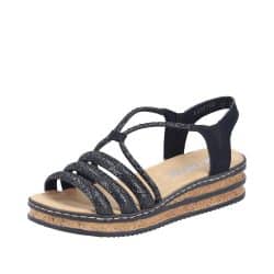 Rieker sandal til dame i sort med fine detaljer og stødabsorberende Antistress sål samt en lille kilehæl på 4 cm